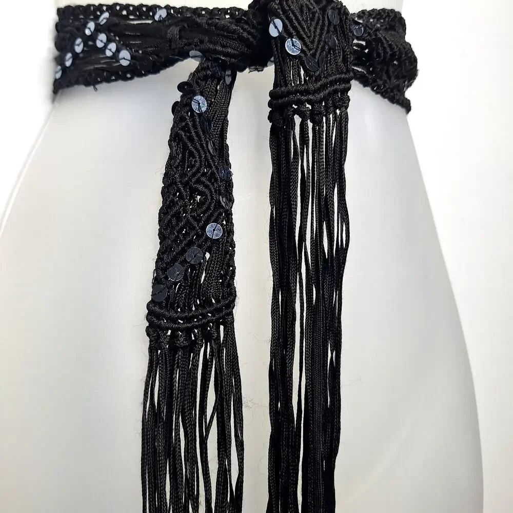 Vintage Y2K Crochet Fringe Belt Sequin Macrame Fairy Whimsygoth Boho Festival SM